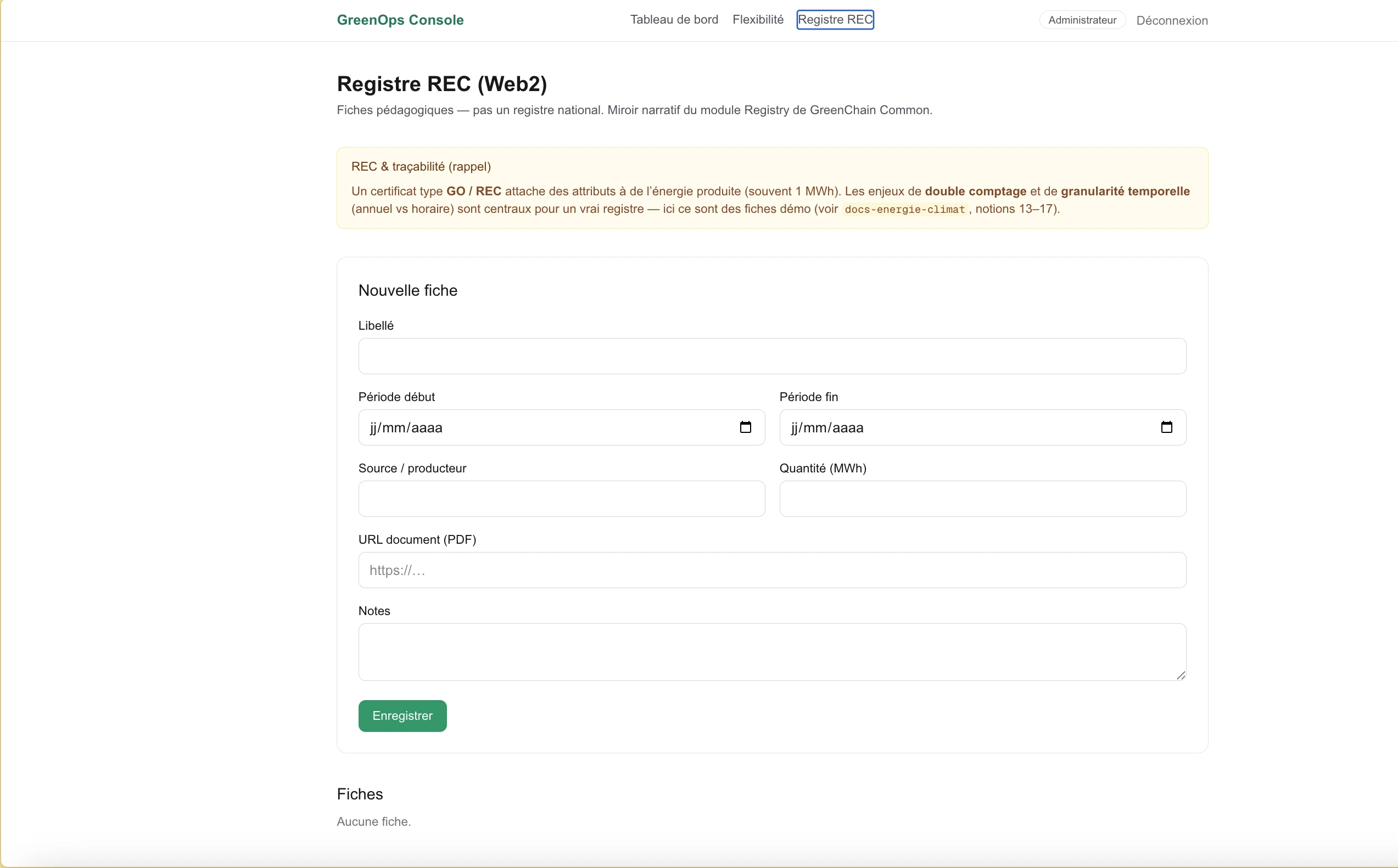 GreenOps — Registre REC pédagogique et audit